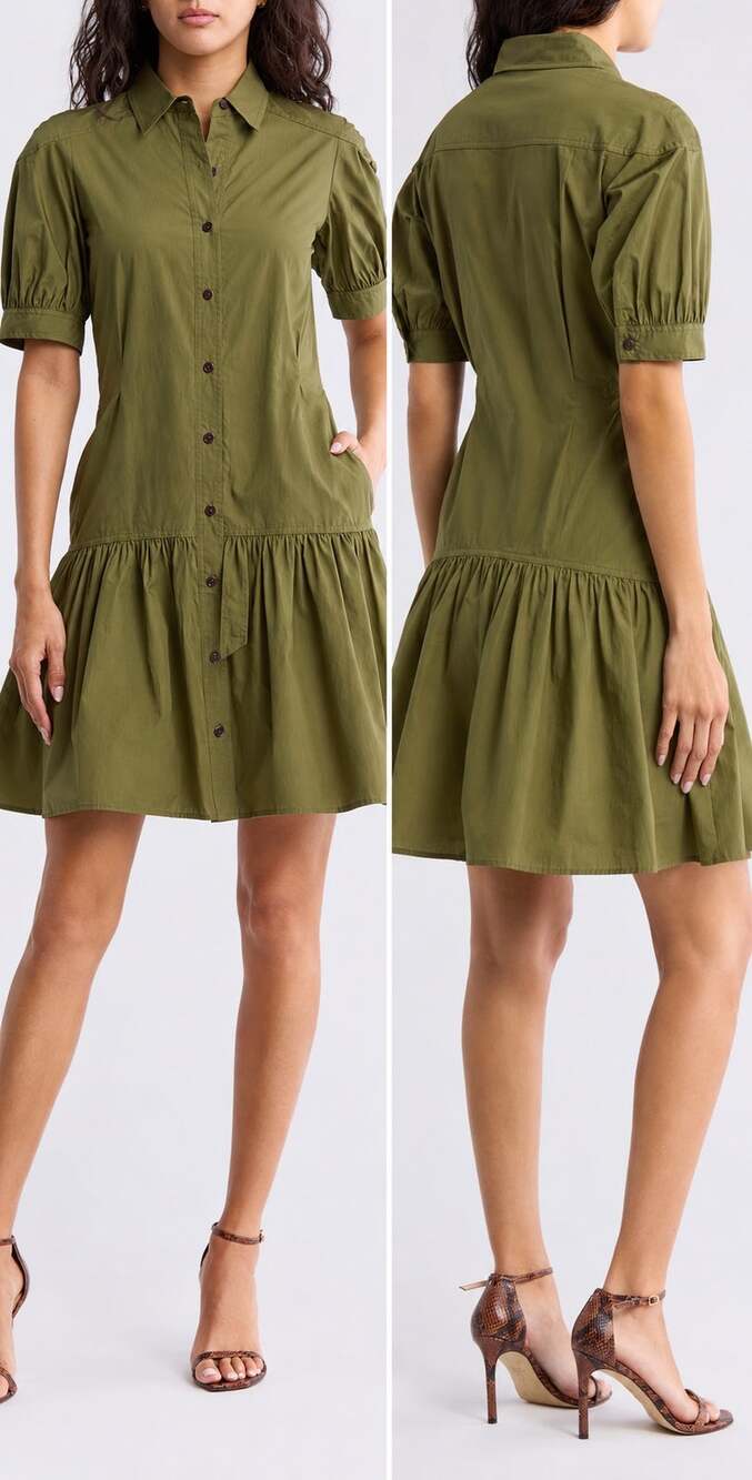 Derek Lam Mini Dress Luma Cotton A-line Shirtdress Olive Green size 0